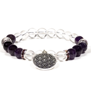 Armband bergskristall / ametist + livets blommahänge
